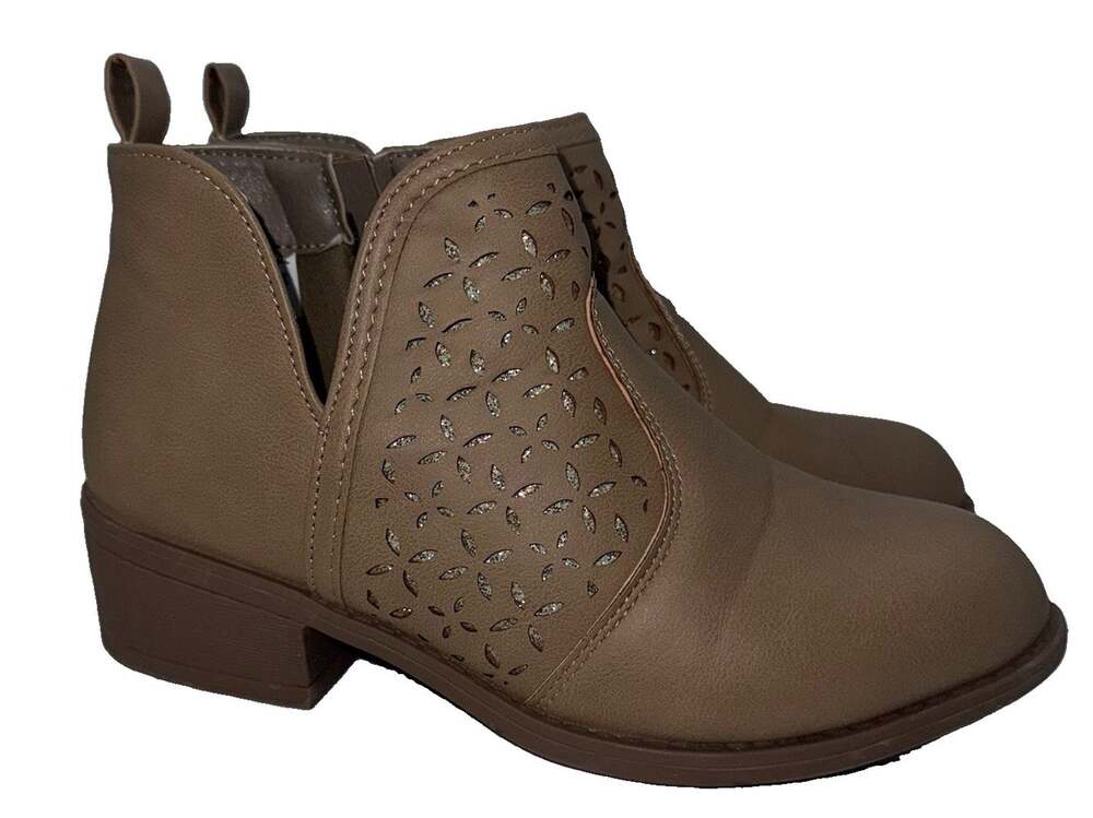 Laundry Girl Girls NORTH-69K Tan Laser Cut Ankle Boots Size 2 Side Zip